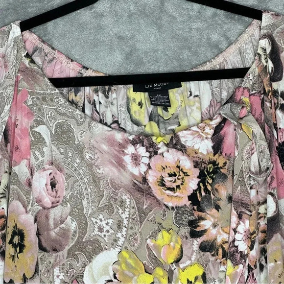 Liz McCoy 3X Shirt Top Brown Floral Short Sleeve Round Neck Stretch Casual - Picture 2 of 6